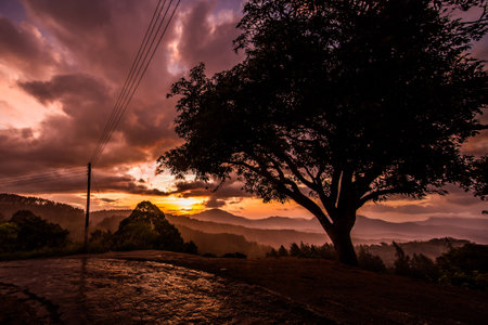 A sunset over misty hillsの写真素材