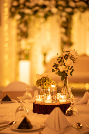 Wedding table decoration with flowers and candles in a restaurant.の写真素材