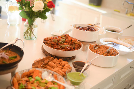 Catering buffet for events and parties. Food styling and restaurant meal serving.の写真素材