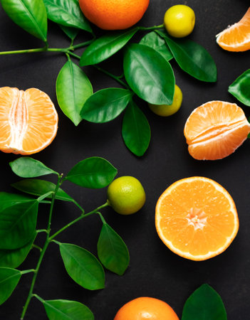 Tangerines or clementines with leaves on a black background. Top view with copy spaceの写真素材