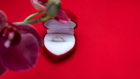 Wedding ring in a red box and red orchid on red