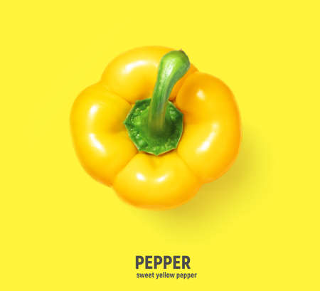 Yellow sweet pepper isolated on yellow background. Top viewの写真素材