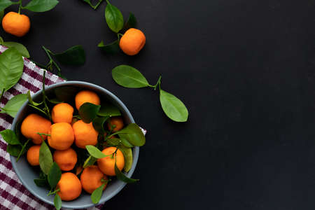 Clementines with leaves on plate on a black background. Top view with copy space.の写真素材