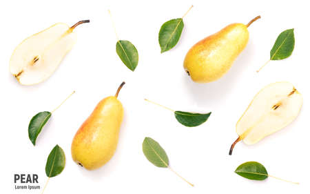 Pear fruit with green leaves, isolated on white background. Collection of whole and sliced pear fruits.の写真素材