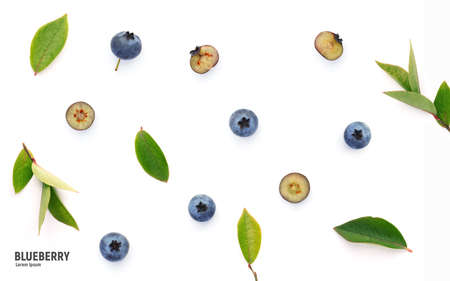 Fresh blueberries with green leaves, isolated on white background. Cut and whole blueberry. Top view.の写真素材