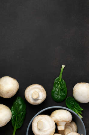 Raw mushrooms champignons on a black background.の写真素材