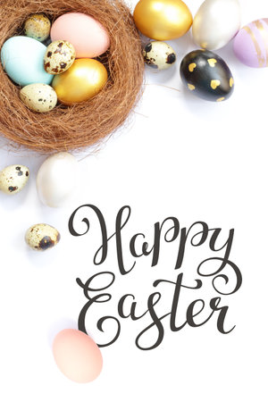 Bright easter eggs with happy Easter lettering, holiday concept. Selective focusの写真素材
