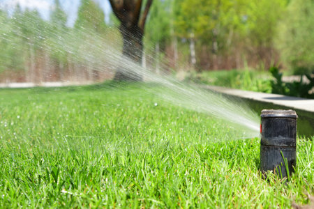 A water sprayer waters a lush green lawn on a sunny day.の写真素材