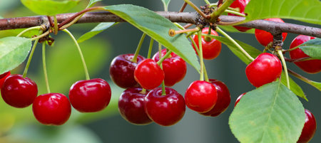 Branch of ripe, sweet cherries on a tree in garden. Blurred background.