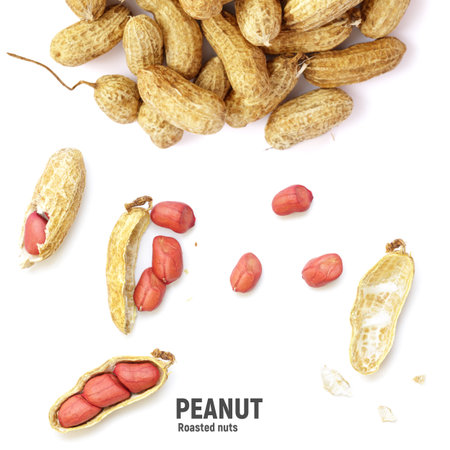 Peanuts. Roasted nuts isolated on white background. Top view.