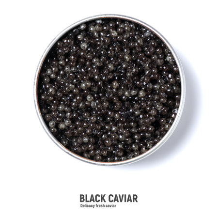 Black sturgeon caviar. Sturgeon caviar isolated on a white background in a jar. Top view.の写真素材