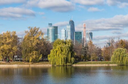 Moscow, Russia - October 31, 2015: Business center Moscow-city. View from Bolshoi Novodevichy pond.のeditorial素材