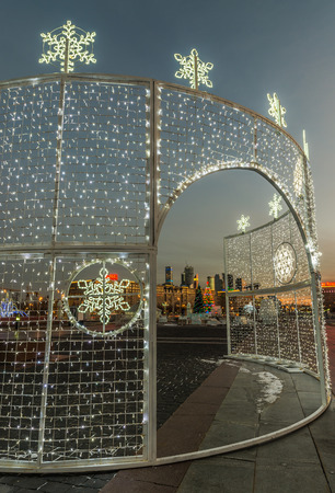Moscow, Russia - December 29, 2015: new year and Christmas lighting decoration of the Victory square.のeditorial素材