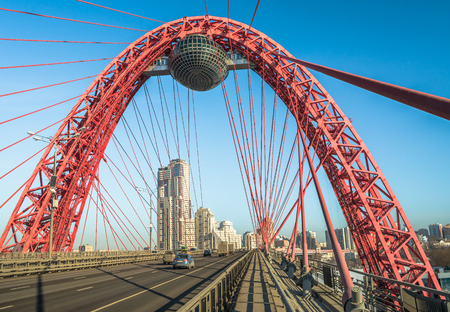 Moscow, Russia - February 8, 2016: Scenic Arch and the cables of the bridge in Serebryany Bor.のeditorial素材