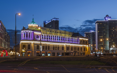 Moscow, Russia - April 20, 2016: the Prague restaurant on Arbat square at night.のeditorial素材