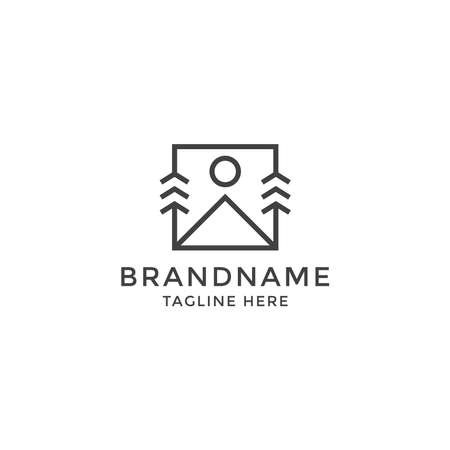 Mountain, pine tree and sun with rectangular shape Logo Icon Design Template Vector Illustrationのイラスト素材