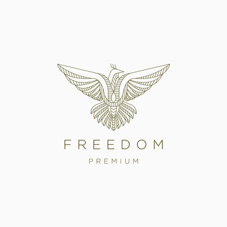 Fly bird freedom mono line logo icon design template. Line, elegant, falcon, eagle, flat vector illustrationのイラスト素材