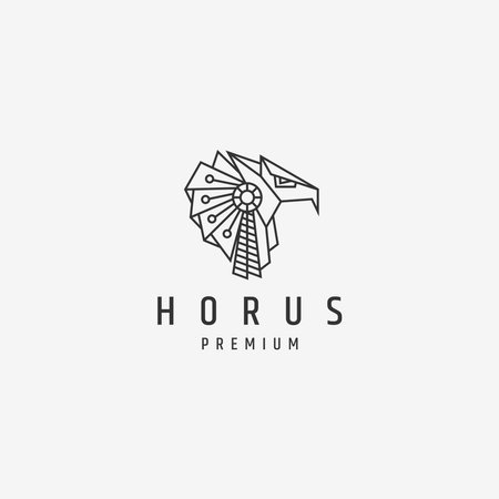 Ancient Horus egyptian goddes mono line logo icon design template. Eagle, eye, line, flat vector illustration.のイラスト素材
