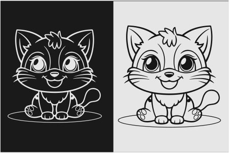 Funny cartoon kitten. Vector illustration isolated on black and white background.のイラスト素材