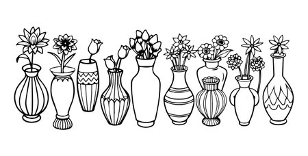 Set of vases with flowers. Vector illustration in doodle style.のイラスト素材