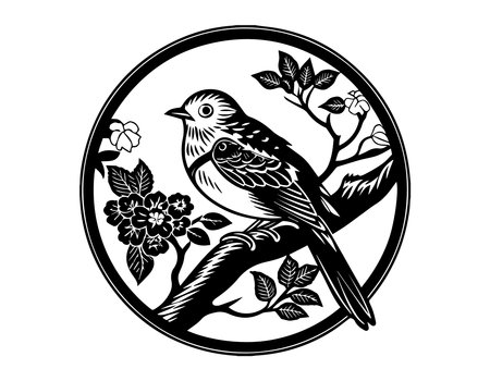 Black and white illustration of a bird sitting on a branch with flowers.のイラスト素材