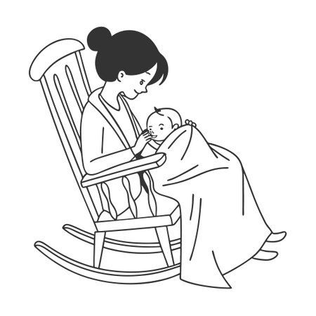 Mother with her baby in rocking chair. Vector illustration in outline styleのイラスト素材