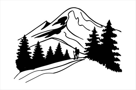 Silhouette of a man on a mountain trail. Vector illustrationのイラスト素材