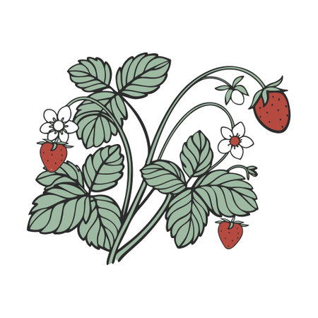 Strawberry branch with berries and leaves. Hand drawn vector illustration.のイラスト素材