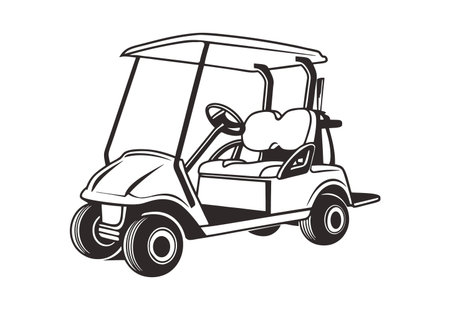 A black and white illustration depicts a golf cart viewed from the side. The style is simple and graphic, using bold outlines and solid black fills against a white background. The cart features a canopy, two seats, a steering wheel, and large wheels.  The image is clean and easily scalable for various uses. The overall mood is straightforward and functional.のイラスト素材