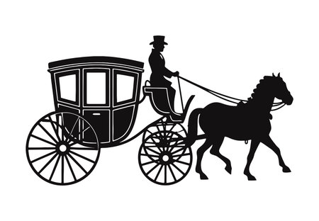 A black and white silhouette illustration depicts a horse-drawn carriage. The image shows a horse pulling a two-wheeled carriage with a driver in a top hat seated on the carriage. The style is simple and graphic, with bold black shapes against a white background. The details of the carriage and horse are clearly defined, and the overall mood is one of classic elegance and historical charm. The image is reminiscent of Victorian-era illustrations.のイラスト素材
