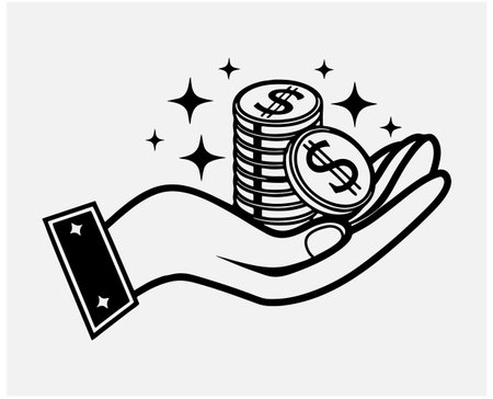 Hand with coins icon. Vector illustration. Black and white image.のイラスト素材