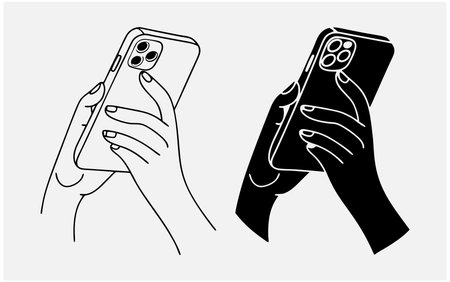 Hand with mobile phone. Black and white vector illustration in flat styleのイラスト素材