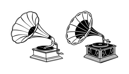 This image features a line art illustration of two vintage gramophones.  The gramophones are depicted in a black and white style, with detailed linework showing the horns, turntables, and bases of the instruments.  One gramophone is shown from a three-quarter perspective, while the other is shown from a slightly different angle. The style is reminiscent of vintage illustrations or engravings. The image is clean and simple, with a high contrast between the black lines and the white background.  The overall mood is nostalgic and classic.のイラスト素材