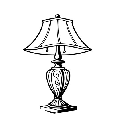 A line art illustration depicts an elegant table lamp with a bell-shaped shade and an ornate base. The style is simple yet detailed, showcasing a classic design. The lamp is rendered entirely in black against a white background, creating a clean and sophisticated aesthetic.  The base features decorative swirls and vertical lines, adding to its vintage charm. The shade is simple with subtle vertical lines. The overall mood is one of timeless elegance and refined simplicity.のイラスト素材
