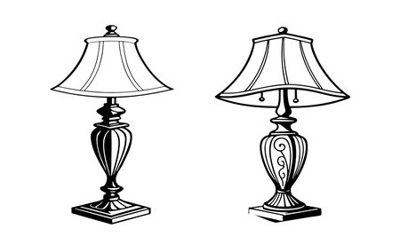 This image contains two line drawings of table lamps against a white background.  Both lamps feature bell-shaped shades and ornate bases. One base is simpler, with vertical lines, while the other has more elaborate swirling details. The style is reminiscent of classic or vintage designs. The lamps are depicted in a clean, simple line art style with no shading or color. The overall mood is elegant and sophisticated.のイラスト素材