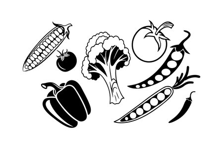 This image is a black and white illustration featuring a collection of vegetables.  The vegetables are depicted in a simple, stylized manner, with solid black shapes against a white background.  The vegetables included are corn on the cob, broccoli florets, a bell pepper, two pea pods, a tomato, and a chili pepper.  The style is graphic and minimalist, suitable for use in various contexts, such as cookbooks, menus, or educational materials. The illustration is clean and easily scalable.のイラスト素材