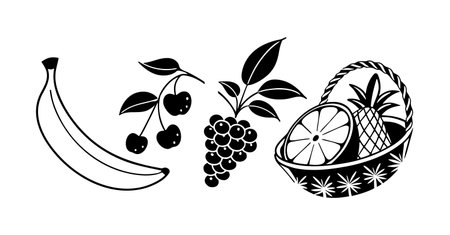 A black and white illustration featuring a banana, a branch of cherries, a bunch of grapes, and a basket containing a pineapple and an orange slice. The style is simple and graphic with bold outlines and solid black fills against a white background.  The fruits are depicted in a slightly stylized manner, not photorealistic. The basket has a simple decorative pattern. The overall mood is clean and straightforward.のイラスト素材