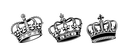 This image showcases three intricately detailed crowns rendered in black and white. Each crown features a distinct design with ornate detailing including fleur-de-lis motifs, beaded edges, and a central cross. The crowns are depicted in a slightly angled perspective against a plain white background. The style is reminiscent of vintage or heraldic design, conveying a sense of royalty and tradition.  The black and white palette provides a classic and timeless aesthetic. The illustration is clean and sharp, suitable for various applications.のイラスト素材