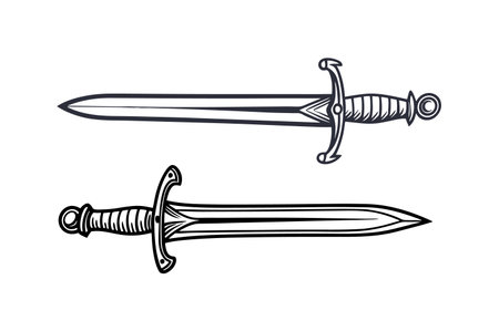 This image contains a hand-drawn illustration of two daggers. One dagger is shown from a top-down perspective, while the other is presented from a side profile. Both daggers are depicted in black and white line art style against a white background. The daggers have detailed handles with textured patterns and pointed blades. The style is reminiscent of a vintage or antique illustration. The lines are clean and precise, creating a clear and easily understandable representation of the daggers.のイラスト素材