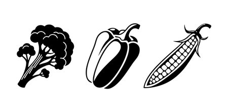 Three black and white vegetable icons are depicted against a white background.  The icons are stylized illustrations of broccoli, a bell pepper, and an ear of corn.  Each vegetable is rendered in a simple, solid black silhouette style with minimal detail. The style is clean and graphic, suitable for various applications. The composition is straightforward, with each vegetable clearly separated from the others.のイラスト素材
