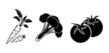 This image contains three separate black and white illustrations of vegetables against a white background.  The illustrations are simple and minimalist in style, appearing as solid black shapes with some line detail to suggest form.  The first shows two carrots with their leafy tops. The second depicts a head of broccoli. The third shows two tomatoes with their stems.  The style is consistent across all three illustrations, creating a cohesive set of icons.のイラスト素材