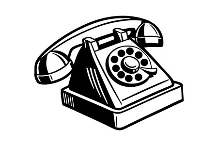 A black and white illustration of a vintage rotary telephone. The image is a stylized drawing showing the phone in a three-quarter view with the receiver off the hook. The phone's design features a classic rotary dial and a simplified, bold outline style. The overall mood is nostalgic and reminiscent of older communication technologies.  The illustration is clean and crisp, suitable for various applications.  The black ink is solid and the white background provides high contrast.のイラスト素材
