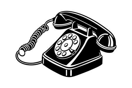 A black and white illustration of a vintage rotary telephone The image is a stylized graphic representation showing the phone from a three-quarter perspective The phone is depicted in a simple black silhouette with white outlines highlighting the details of the handset dial and cord The style is reminiscent of vintage graphic design with clean lines and bold contrasts The overall mood is nostalgic and classic evoking a sense of retro communication technologyのイラスト素材