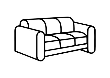 A simple line art illustration of a two-seater sofa. The image is rendered in black lines against a white background. The sofa is depicted from a three-quarter perspective, showing its rounded armrests and cushioned seating.  The lines are bold and consistent, creating a clean and minimalist aesthetic. The style is suitable for use as a graphic element in various design contexts.のイラスト素材