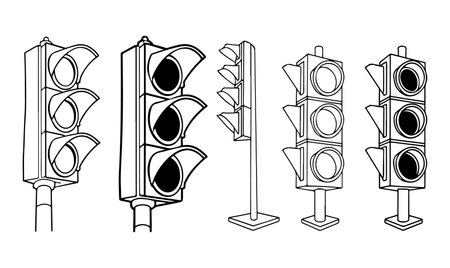 This image contains five line drawings of traffic lights.  The illustrations are in black and white, with a simple, clean line style.  Each traffic light is depicted from a slightly different angle, showing variations in design and the number of lights.  The style is consistent throughout, creating a cohesive set of illustrations suitable for various applications. The lights are shown with sun visors.のイラスト素材