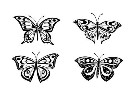 This image contains four separate illustrations of butterflies Each butterfly is depicted in a black and white monochrome style with intricate wing designs featuring circular and curved patterns. The butterflies are presented against a plain white background. The style is graphic and detailed with a focus on the ornate patterns of the wings.  The illustrations are similar in style but each butterfly has unique wing markings.  They appear suitable for use in various design applications.のイラスト素材