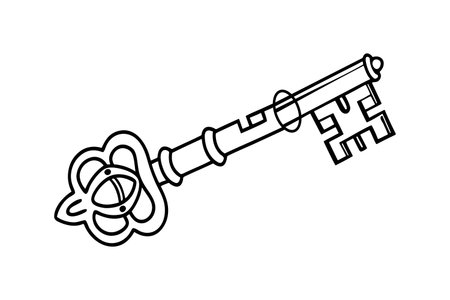 A line drawing illustration depicts an antique key in black against a white background The key features an ornate, decorative head and a simple bit The style is clean and minimalist with bold black lines creating a clear image The illustration is suitable for various applications such as website design or print materials The image evokes a sense of history and mysteryのイラスト素材