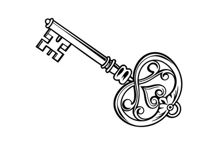 A detailed line drawing of a large ornate key against a white background. The key features a long shaft and an elaborately designed bit with swirling floral patterns and scrollwork. The style is reminiscent of vintage or antique keys, suggesting a classic or elegant aesthetic. The image is entirely black and white, creating a strong contrast and a clean, simple look.  The intricate details of the key's design are clearly visible, making it suitable for various design applications. The illustration is rendered in a vector style, allowing for scalability without loss of quality.のイラスト素材