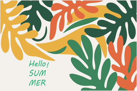 Hello Summer card with tropical leaves. Hand drawn vector illustration in flat style.のイラスト素材