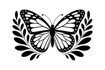butterfly with leafs decoration black and white vector illustration designのイラスト素材